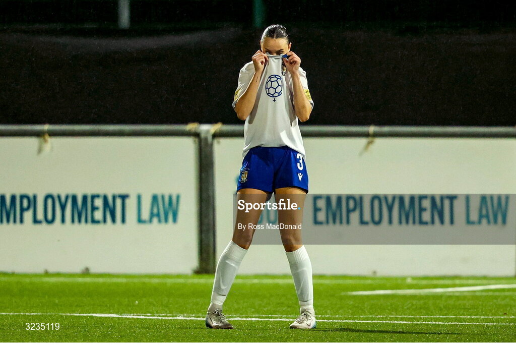 10 September 2025; Kayleigh Shine of Athlone Town reacts after her side conceded their second goal during the UEFA Women's Europa Cup first qualifying round first leg match between Glasgow City and Athlone Town at Petershill Park in Glasgow, Scotland. Photo by Ross MacDonald/Sportsfile