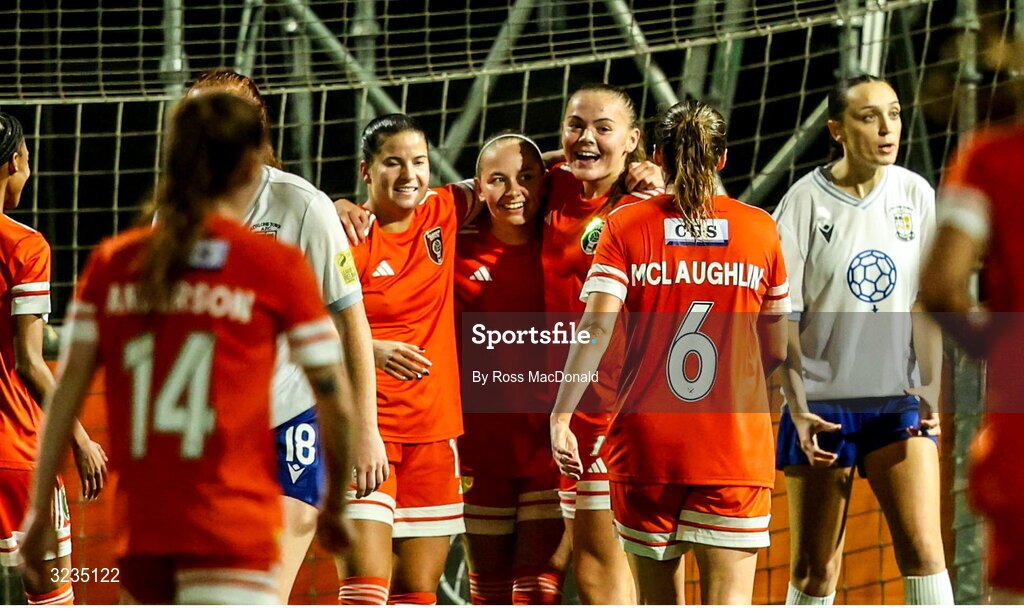 10 September 2025; Lisa Forrest of Glasgow City celebrates with teammates after scoring her side's third goal during the UEFA Women's Europa Cup first qualifying round first leg match between Glasgow City and Athlone Town at Petershill Park in Glasgow, Scotland. Photo by Ross MacDonald/Sportsfile