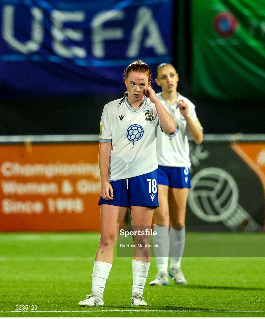 10 September 2025; Kate Slevin of Athlone Town reacts after her side conceded their third goal during the UEFA Women's Europa Cup first qualifying round first leg match between Glasgow City and Athlone Town at Petershill Park in Glasgow, Scotland. Photo by Ross MacDonald/Sportsfile