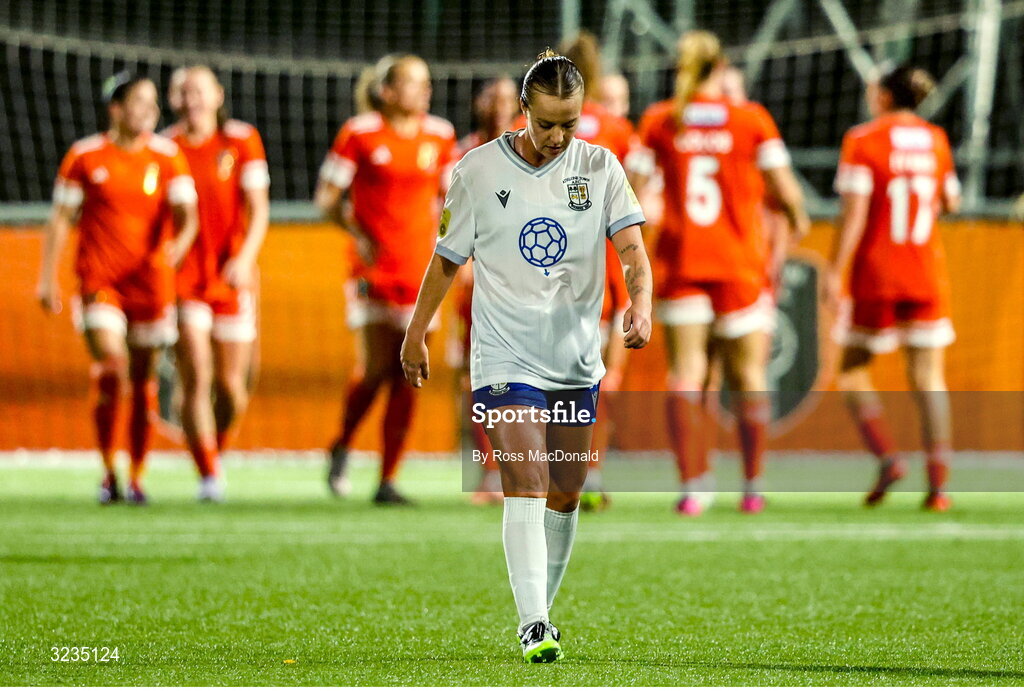 10 September 2025; Alexis Strickland of Athlone Town reacts after her side conceded their third goal during the UEFA Women's Europa Cup first qualifying round first leg match between Glasgow City and Athlone Town at Petershill Park in Glasgow, Scotland. Photo by Ross MacDonald/Sportsfile