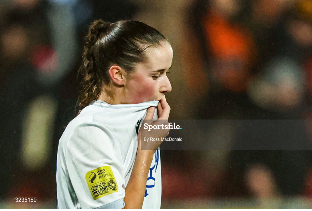 10 September 2025; Aoife Murphy O'Connor of Athlone Town looks dejected at full time during the UEFA Women's Europa Cup first qualifying round first leg match between Glasgow City and Athlone Town at Petershill Park in Glasgow, Scotland. Photo by Ross MacDonald/Sportsfile