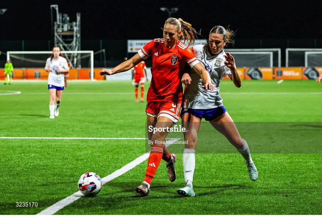 10 September 2025; Lana Golob, left, of Glasgow City in action against Madison Gibson of Athlone Town during the UEFA Women's Europa Cup first qualifying round first leg match between Glasgow City and Athlone Town at Petershill Park in Glasgow, Scotland. Photo by Ross MacDonald/Sportsfile