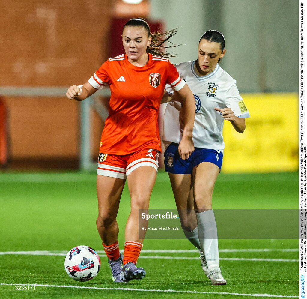 10 September 2025; Lisa Forrest, left, of Glasgow City in action against Kayleigh Shine of Athlone Town during the UEFA Women's Europa Cup first qualifying round first leg match between Glasgow City and Athlone Town at Petershill Park in Glasgow, Scotland. Photo by Ross MacDonald/Sportsfile
