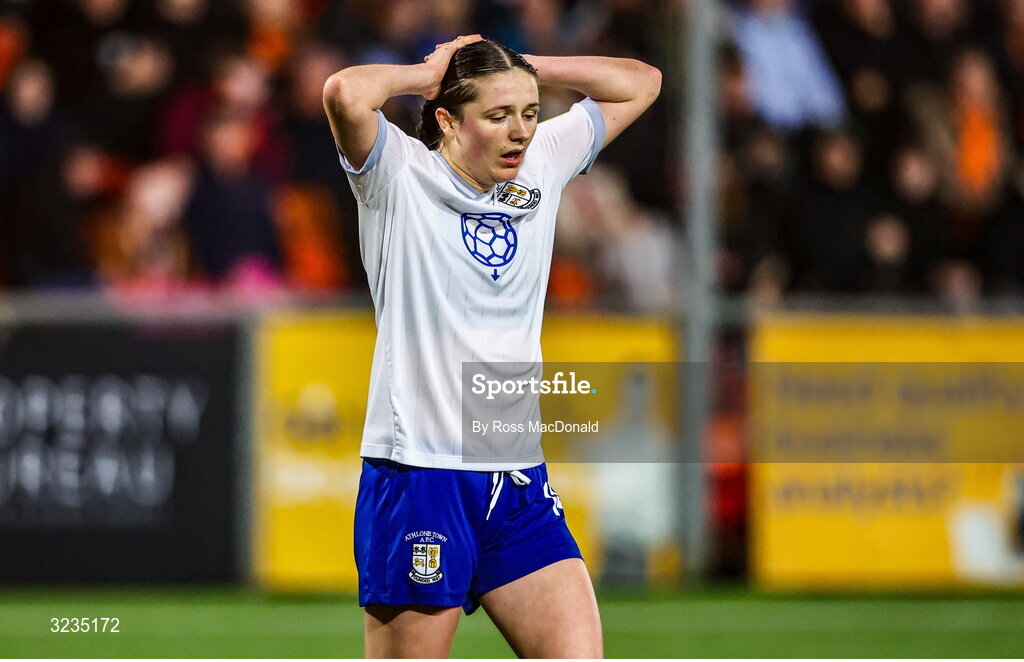 10 September 2025; Roisin Molloy of Athlone Town looks dejected after missing a shot on goal during the UEFA Women's Europa Cup first qualifying round first leg match between Glasgow City and Athlone Town at Petershill Park in Glasgow, Scotland. Photo by Ross MacDonald/Sportsfile