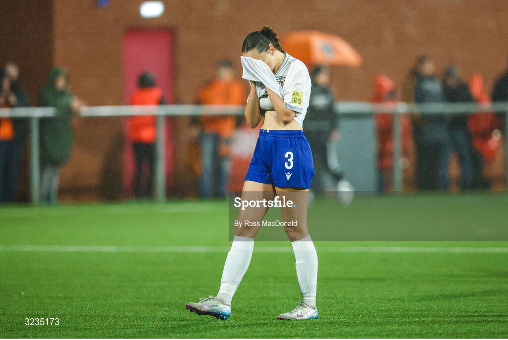 10 September 2025; Kayleigh Shine of Athlone Town looks dejected at full time during the UEFA Women's Europa Cup first qualifying round first leg match between Glasgow City and Athlone Town at Petershill Park in Glasgow, Scotland. Photo by Ross MacDonald/Sportsfile