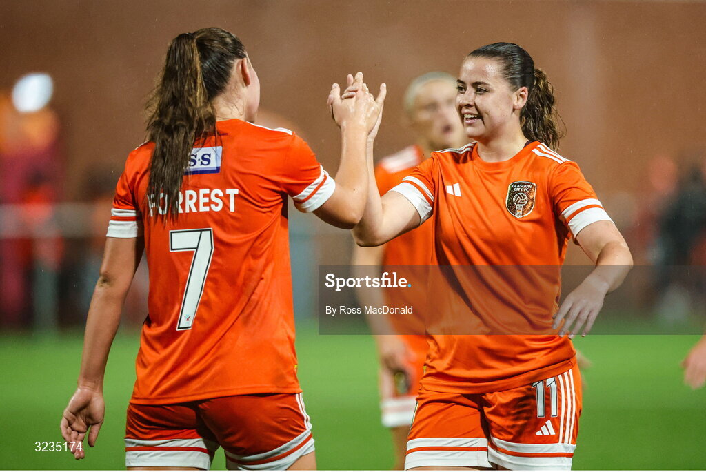 10 September 2025; Lisa Forrest, left, and Emily Whelan of Glasgow City celebrate at full time after winning the UEFA Women's Europa Cup first qualifying round first leg match between Glasgow City and Athlone Town at Petershill Park in Glasgow, Scotland. Photo by Ross MacDonald/Sportsfile