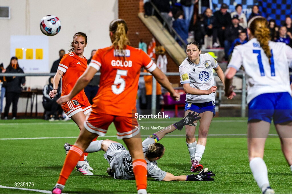 10 September 2025; Roisin Molloy of Athlone Town has a shot at goal during the UEFA Women's Europa Cup first qualifying round first leg match between Glasgow City and Athlone Town at Petershill Park in Glasgow, Scotland. Photo by Ross MacDonald/Sportsfile