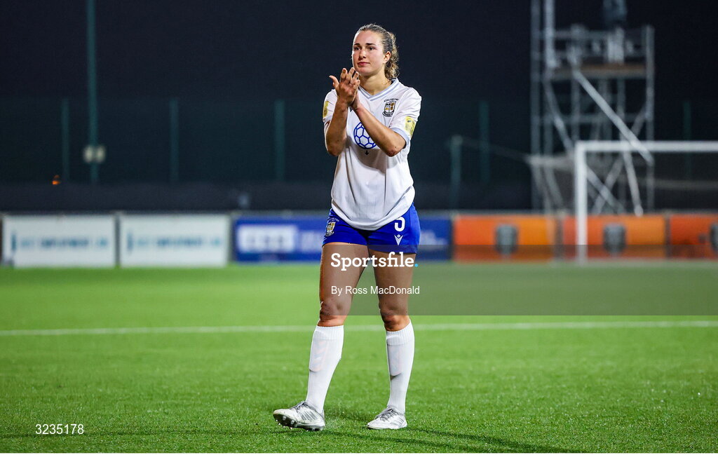 10 September 2025; Natalie Mcnally of Athlone Town applauds supporters after the UEFA Women's Europa Cup first qualifying round first leg match between Glasgow City and Athlone Town at Petershill Park in Glasgow, Scotland. Photo by Ross MacDonald/Sportsfile