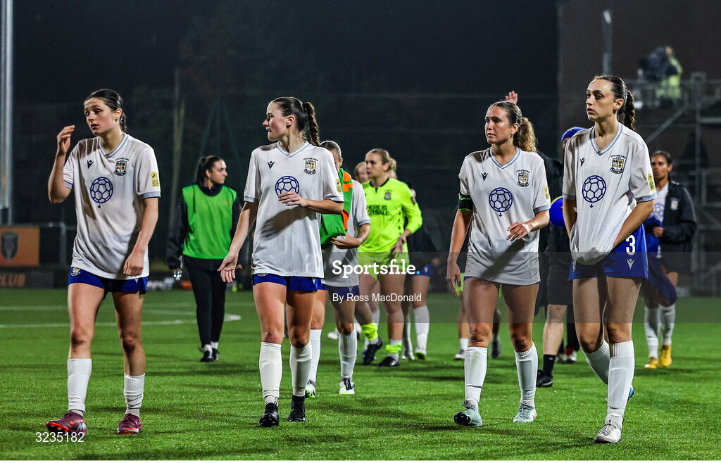 10 September 2025; Athlone Town players look dejected at full time after their side's defeat in the UEFA Women's Europa Cup first qualifying round first leg match between Glasgow City and Athlone Town at Petershill Park in Glasgow, Scotland. Photo by Ross MacDonald/Sportsfile