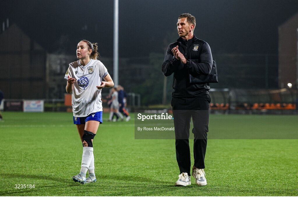 10 September 2025; Athlone Town Interim Manager John Sullivan, right, and Hannah Waesch of Athlone Town react after the UEFA Women's Europa Cup first qualifying round first leg match between Glasgow City and Athlone Town at Petershill Park in Glasgow, Scotland. Photo by Ross MacDonald/Sportsfile