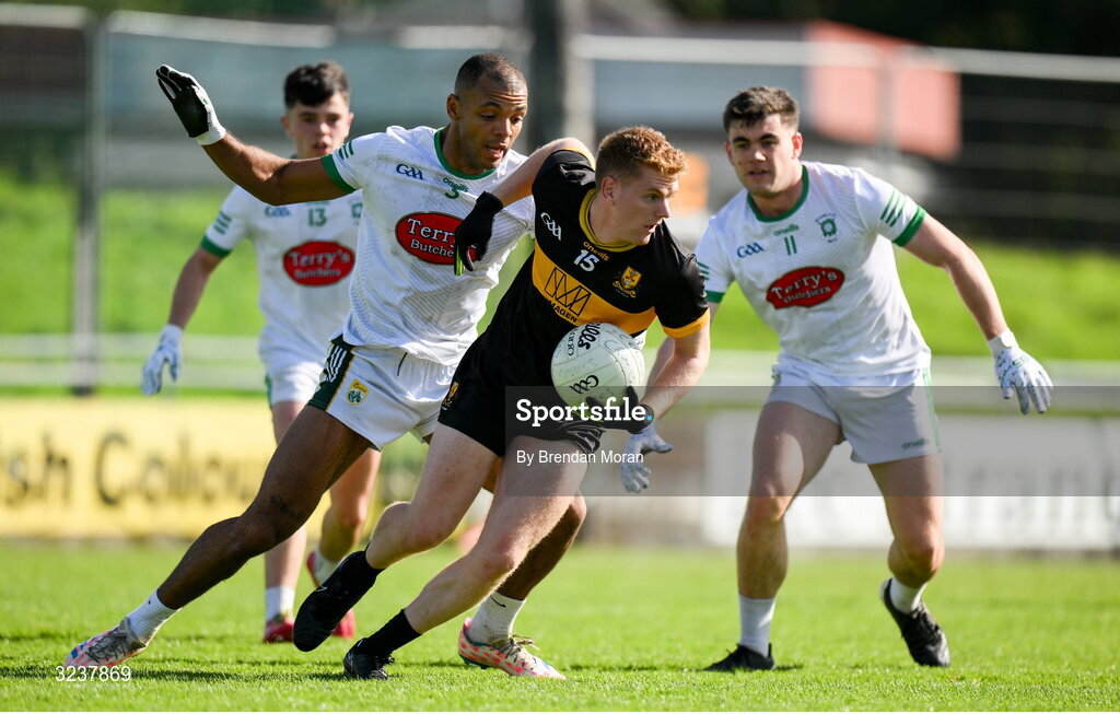 14 September 2025; Cian McMahon of Dr Crokes in action against Stefan Okunbor and Oisin Maunsell of Na Gaeil during the Kerry County Senior Club Football Championship final match between Dr Crokes and Na Gaeil at Austin Stack Park in Tralee, Kerry. Photo by Brendan Moran/Sportsfile