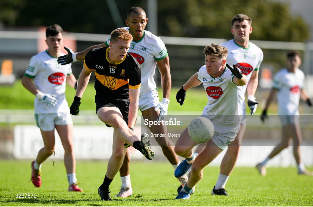 14 September 2025; Cian McMahon of Dr Crokes in action against Stefan Okunbor and Tomas O'Hainifein of Na Gaeil during the Kerry County Senior Club Football Championship final match between Dr Crokes and Na Gaeil at Austin Stack Park in Tralee, Kerry. Photo by Brendan Moran/Sportsfile