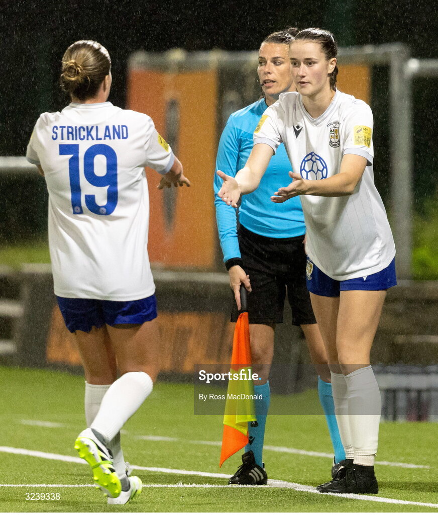 10 September 2025; Aoife Murphy O'Connor of Athlone Town, right, replaces teammate Alexsi Strickland during the UEFA Women's Europa Cup first qualifying round first leg match between Glasgow City and Athlone Town at Petershill Park in Glasgow, Scotland. Photo by Ross MacDonald/Sportsfile