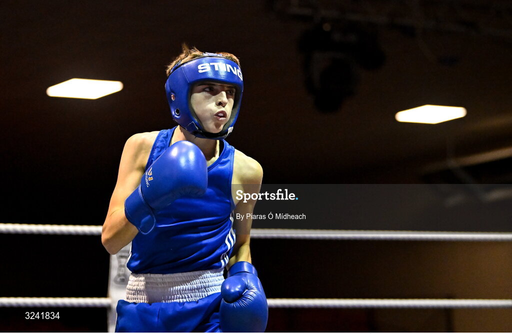 19 September 2025; Jude Reilly of Immaculata ABC Belfast in action against Harry Reddington of Cherry Orchard BC Dublin during their 42kg bout at the 2025 IABA National U17 Championship Finals at the National Boxing Stadium in Dublin. Photo by Piaras Ó Mídheach/Sportsfile