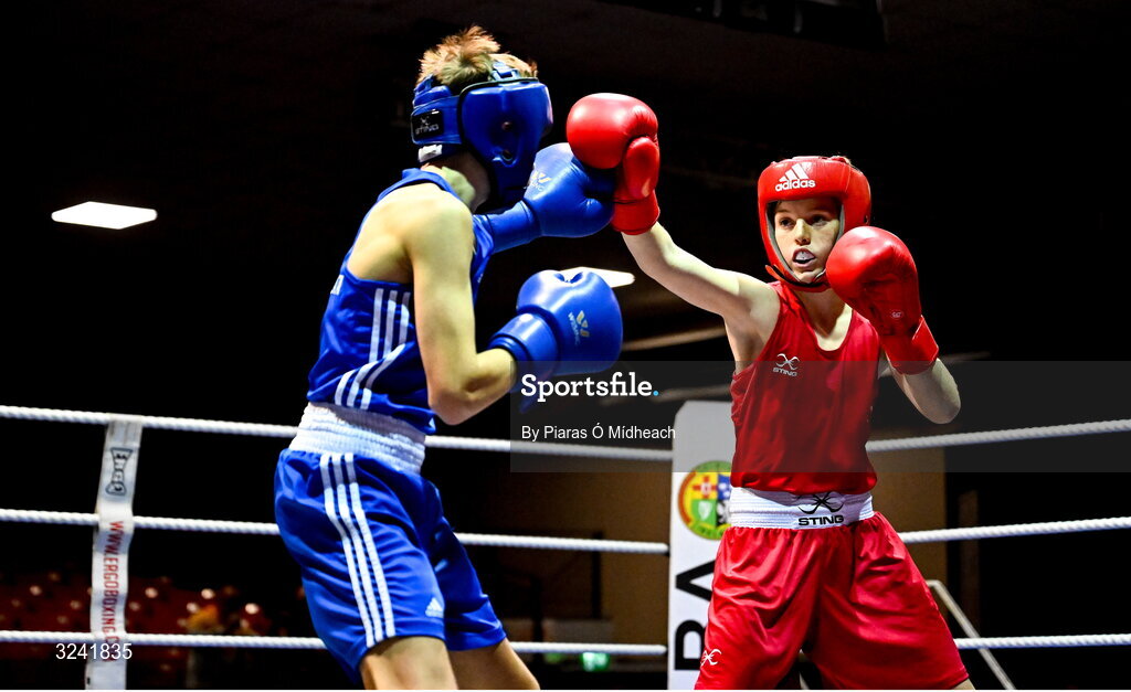 19 September 2025; Harry Reddington of Cherry Orchard BC Dublin, right, in action against Jude Reilly of Immaculata ABC Belfast during their 42kg bout at the 2025 IABA National U17 Championship Finals at the National Boxing Stadium in Dublin. Photo by Piaras Ó Mídheach/Sportsfile