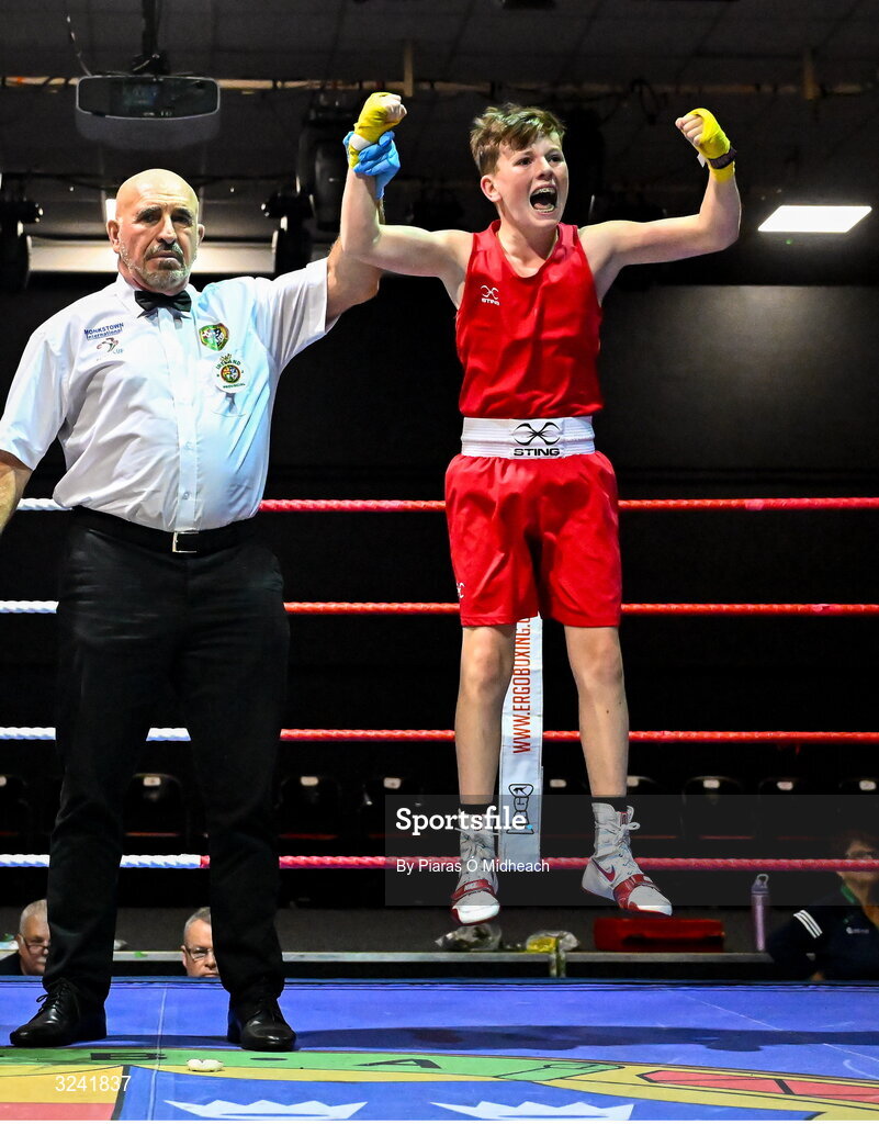 19 September 2025; Harry Reddington of Cherry Orchard BC Dublin celebrates after defeating Jude Reilly of Immaculata ABC Belfast during their 42kg bout at the 2025 IABA National U17 Championship Finals at the National Boxing Stadium in Dublin. Photo by Piaras Ó Mídheach/Sportsfile