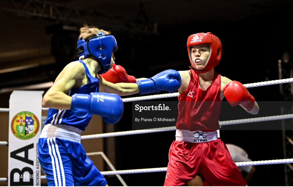 19 September 2025; Harry Reddington of Cherry Orchard BC Dublin, right, in action against Jude Reilly of Immaculata ABC Belfast during their 42kg bout at the 2025 IABA National U17 Championship Finals at the National Boxing Stadium in Dublin. Photo by Piaras Ó Mídheach/Sportsfile
