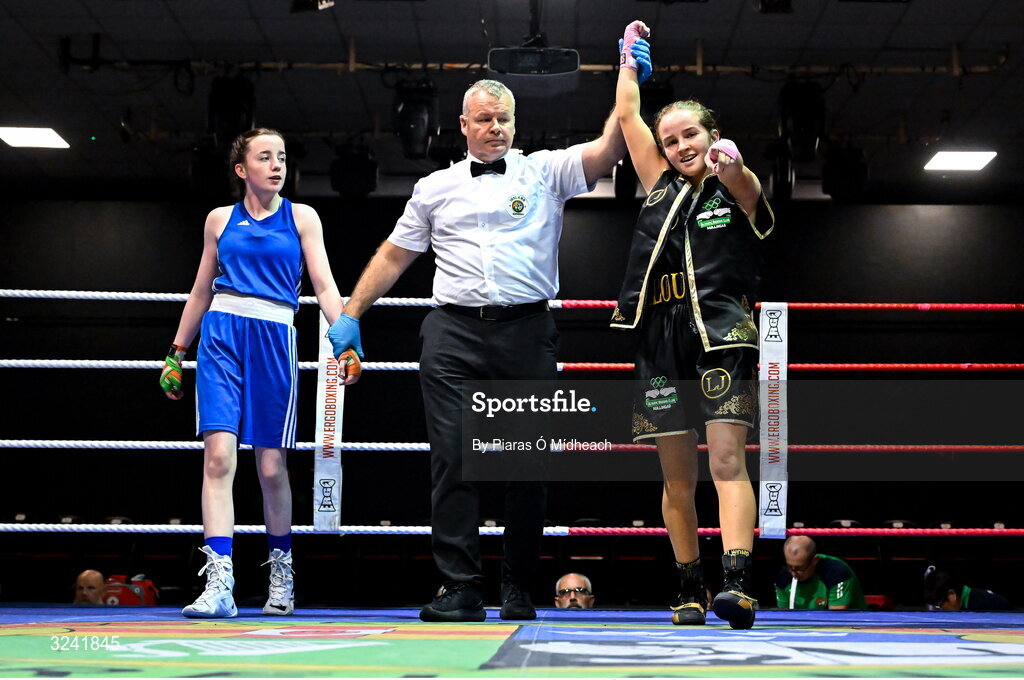 19 September 2025; Louise Joyce of Olympic BC Mullingar Westmeath, right, celebrates after defeating Alanna Berry of Donore BC Dublin during their 46kg bout at the 2025 IABA National U17 Championship Finals at the National Boxing Stadium in Dublin. Photo by Piaras Ó Mídheach/Sportsfile