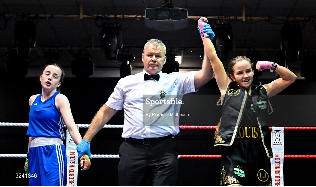 19 September 2025; Louise Joyce of Olympic BC Mullingar Westmeath, right, celebrates after defeating Alanna Berry of Donore BC Dublin during their 46kg bout at the 2025 IABA National U17 Championship Finals at the National Boxing Stadium in Dublin. Photo by Piaras Ó Mídheach/Sportsfile