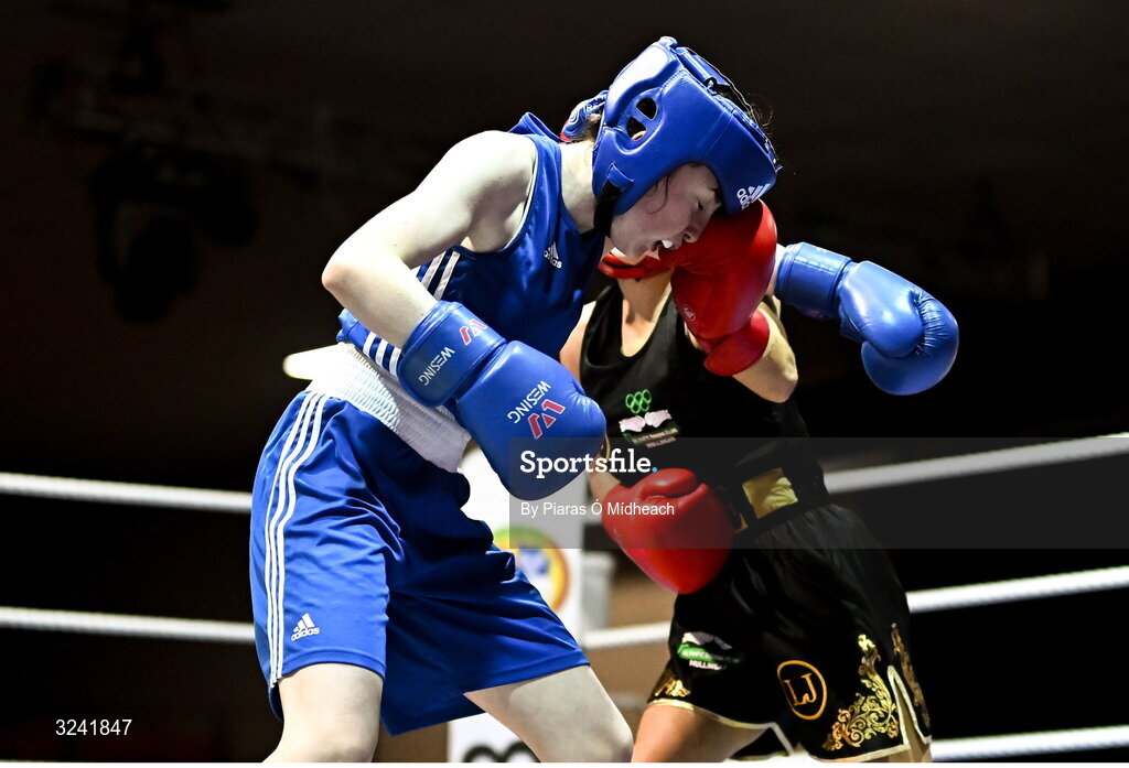 19 September 2025; Alanna Berry of Donore BC Dublin, left, in action against Louise Joyce of Olympic BC Mullingar Westmeath during their 46kg bout at the 2025 IABA National U17 Championship Finals at the National Boxing Stadium in Dublin. Photo by Piaras Ó Mídheach/Sportsfile