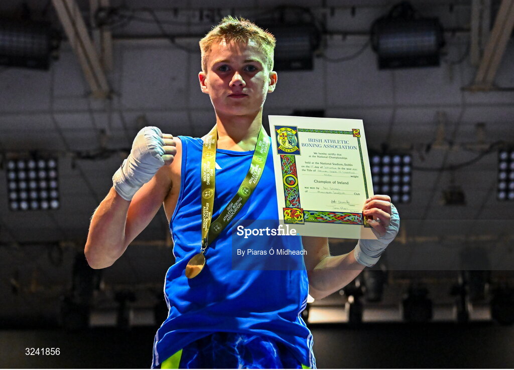 19 September 2025; Pat J Stokes of Mullingar Shuffler BC Westmeath after defeating Joshua Cairns of Oakleaf ABC Derry during their 46kg bout at the 2025 IABA National U17 Championship Finals at the National Boxing Stadium in Dublin. Photo by Piaras Ó Mídheach/Sportsfile