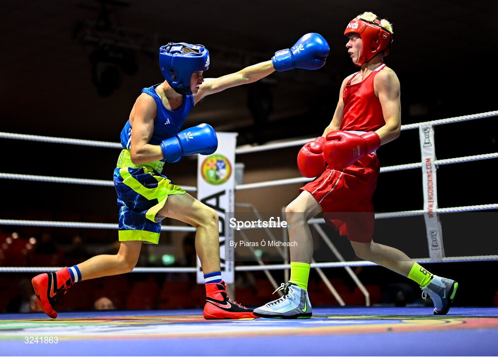 19 September 2025; Pat J Stokes of Mullingar Shuffler BC Westmeath, left, in action against Joshua Cairns of Oakleaf ABC Derry during their 46kg bout at the 2025 IABA National U17 Championship Finals at the National Boxing Stadium in Dublin. Photo by Piaras Ó Mídheach/Sportsfile