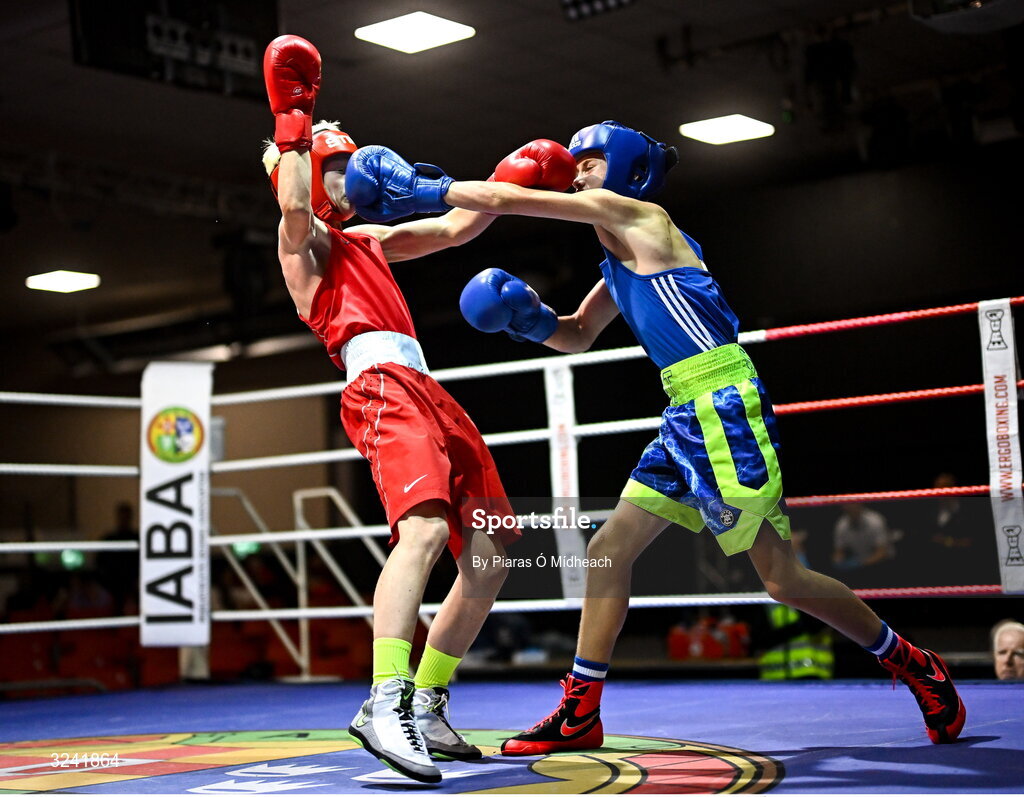19 September 2025; Pat J Stokes of Mullingar Shuffler BC Westmeath, right, in action against Joshua Cairns of Oakleaf ABC Derry during their 46kg bout at the 2025 IABA National U17 Championship Finals at the National Boxing Stadium in Dublin. Photo by Piaras Ó Mídheach/Sportsfile