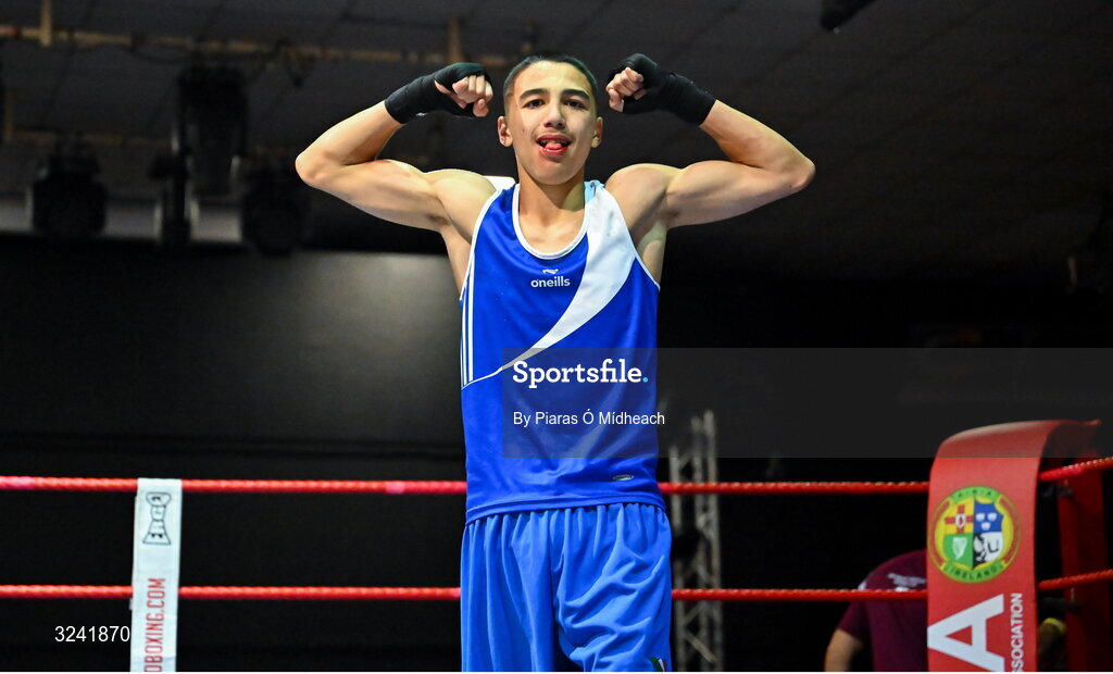 19 September 2025; Emmet Shields of Glasnevin BC Dublin, celebrates after defeating Martin Nevin of Mullingar Shuffler BC Westmeath during their 48kg bout at the 2025 IABA National U17 Championship Finals at the National Boxing Stadium in Dublin. Photo by Piaras Ó Mídheach/Sportsfile