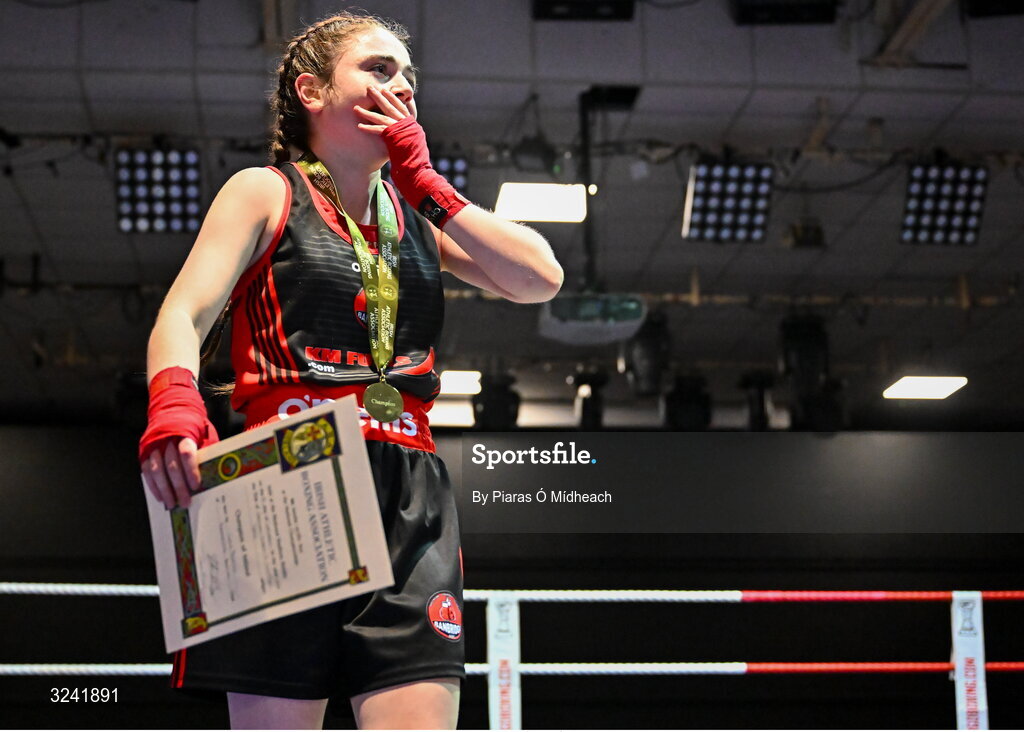 19 September 2025; Lucie Prentice of Banbridge ABC Antrim after defeating Tess Ormond of Saviours Crystal BC Waterford during their 50kg bout at the 2025 IABA National U17 Championship Finals at the National Boxing Stadium in Dublin. Photo by Piaras Ó Mídheach/Sportsfile