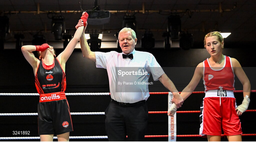 19 September 2025; Lucie Prentice of Banbridge ABC Antrim, left, celebrates after defeating Tess Ormond of Saviours Crystal BC Waterford during their 50kg bout at the 2025 IABA National U17 Championship Finals at the National Boxing Stadium in Dublin. Photo by Piaras Ó Mídheach/Sportsfile