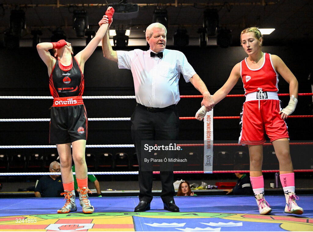19 September 2025; Lucie Prentice of Banbridge ABC Antrim, left, celebrates after defeating Tess Ormond of Saviours Crystal BC Waterford during their 50kg bout at the 2025 IABA National U17 Championship Finals at the National Boxing Stadium in Dublin. Photo by Piaras Ó Mídheach/Sportsfile