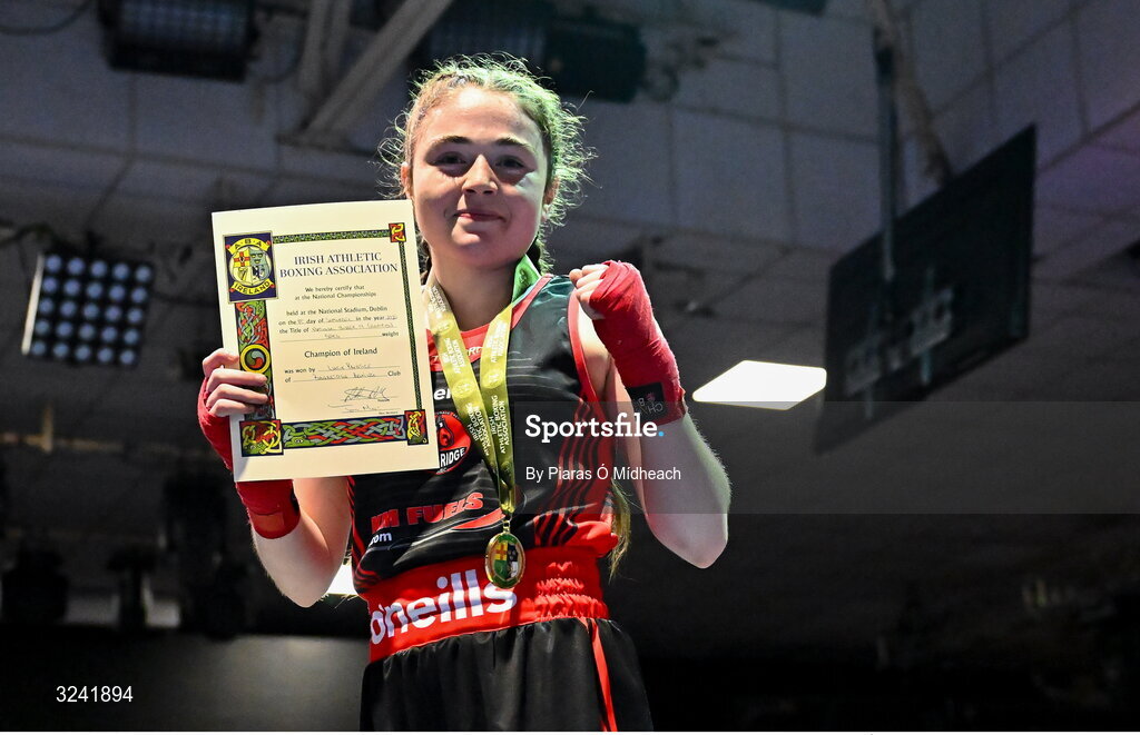 19 September 2025; Lucie Prentice of Banbridge ABC Antrim after defeating Tess Ormond of Saviours Crystal BC Waterford during their 50kg bout at the 2025 IABA National U17 Championship Finals at the National Boxing Stadium in Dublin. Photo by Piaras Ó Mídheach/Sportsfile