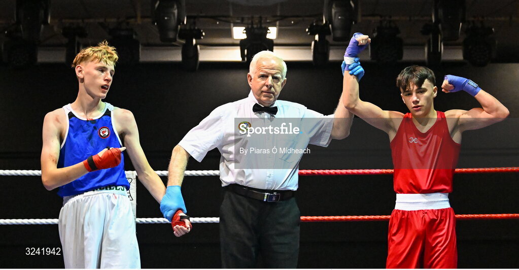 19 September 2025; Kristian Jubani of Crumlin BC Dublin, right, celebrates after defeating Ryan Cowzer of Rush BC Dublin during their 50kg bout at the 2025 IABA National U17 Championship Finals at the National Boxing Stadium in Dublin. Photo by Piaras Ó Mídheach/Sportsfile