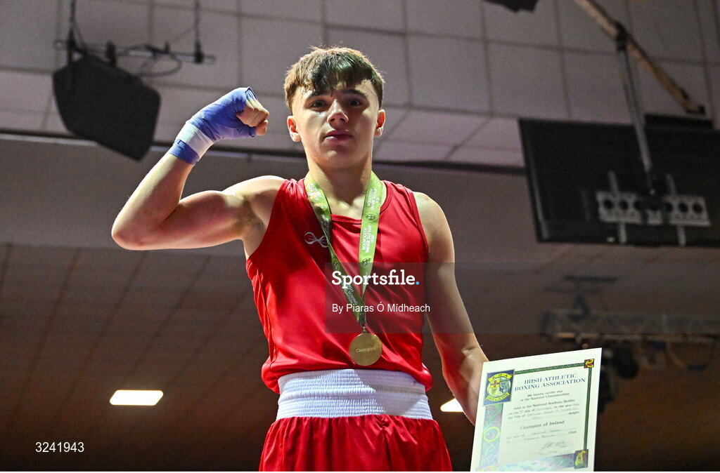 19 September 2025; Kristian Jubani of Crumlin BC Dublin celebrates after defeating Ryan Cowzer of Rush BC Dublin during their 50kg bout at the 2025 IABA National U17 Championship Finals at the National Boxing Stadium in Dublin. Photo by Piaras Ó Mídheach/Sportsfile