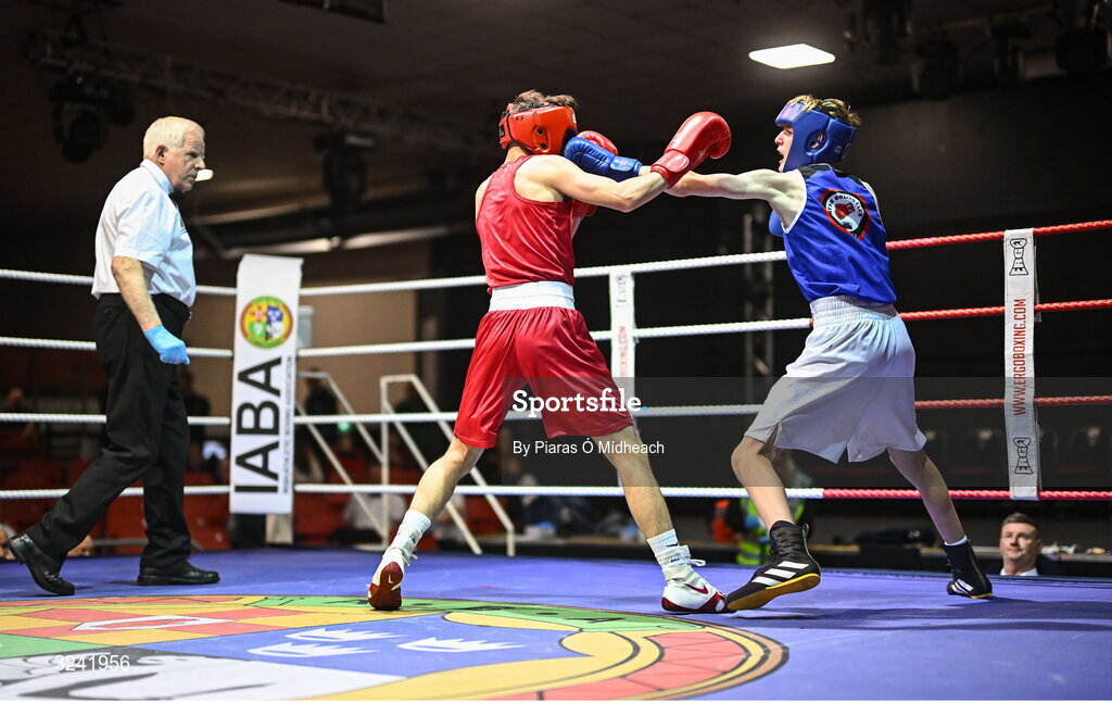19 September 2025; Ryan Cowzer of Rush BC Dublin, right, in action against Kristian Jubani of Crumlin BC Dublin during their 50kg bout at the 2025 IABA National U17 Championship Finals at the National Boxing Stadium in Dublin. Photo by Piaras Ó Mídheach/Sportsfile
