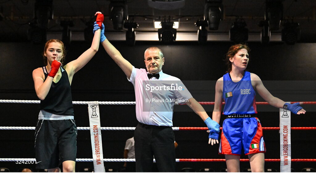 19 September 2025; Aleigha Murphy of Ballybrack BC Dublin, left, celebrates after defeating Carly O’Herron of Rochfordbridge BC Westmeath during their 52kg bout at the 2025 IABA National U17 Championship Finals at the National Boxing Stadium in Dublin. Photo by Piaras Ó Mídheach/Sportsfile