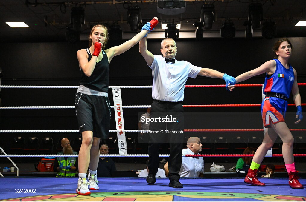 19 September 2025; Aleigha Murphy of Ballybrack BC Dublin, left, celebrates after defeating Carly O’Herron of Rochfordbridge BC Westmeath during their 52kg bout at the 2025 IABA National U17 Championship Finals at the National Boxing Stadium in Dublin. Photo by Piaras Ó Mídheach/Sportsfile