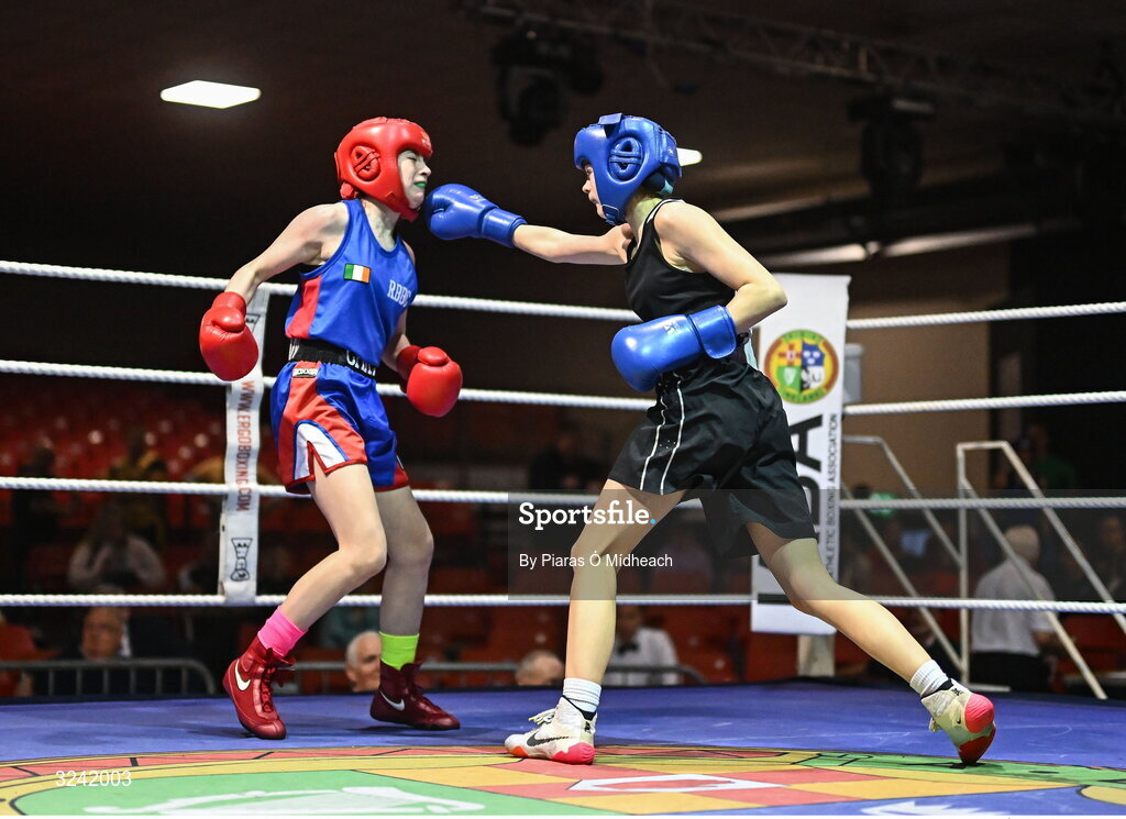 19 September 2025; Carly O’Herron of Rochfordbridge BC Westmeath, left, in action against Aleigha Murphy of Ballybrack BC Dublin during their 52kg bout at the 2025 IABA National U17 Championship Finals at the National Boxing Stadium in Dublin. Photo by Piaras Ó Mídheach/Sportsfile