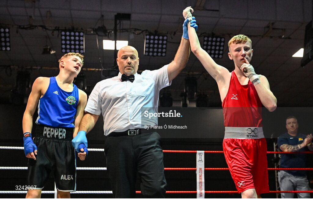 19 September 2025; Sean Kelly of St Abbans/Kilmyshall BC Wexford, right, celebrates after defeating Alex Pepper of Baldoyle BC Dublin during their 52kg bout at the 2025 IABA National U17 Championship Finals at the National Boxing Stadium in Dublin. Photo by Piaras Ó Mídheach/Sportsfile
