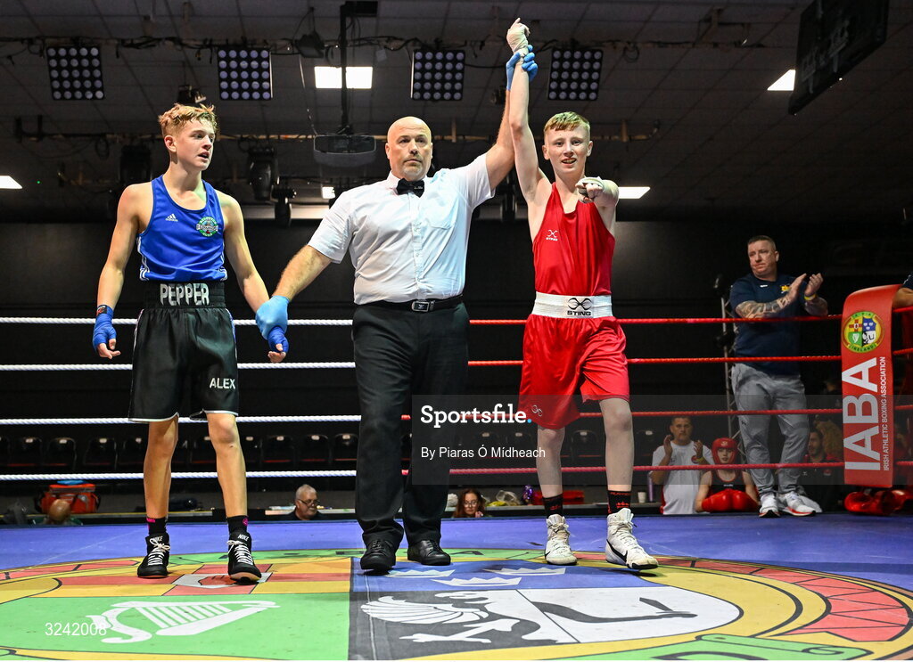 19 September 2025; Sean Kelly of St Abbans/Kilmyshall BC Wexford, right, celebrates after defeating Alex Pepper of Baldoyle BC Dublin during their 52kg bout at the 2025 IABA National U17 Championship Finals at the National Boxing Stadium in Dublin. Photo by Piaras Ó Mídheach/Sportsfile