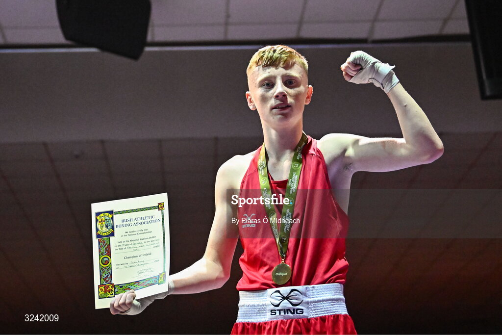 19 September 2025; Sean Kelly of St Abbans/Kilmyshall BC Wexford celebrates after defeating Alex Pepper of Baldoyle BC Dublin during their 52kg bout at the 2025 IABA National U17 Championship Finals at the National Boxing Stadium in Dublin. Photo by Piaras Ó Mídheach/Sportsfile