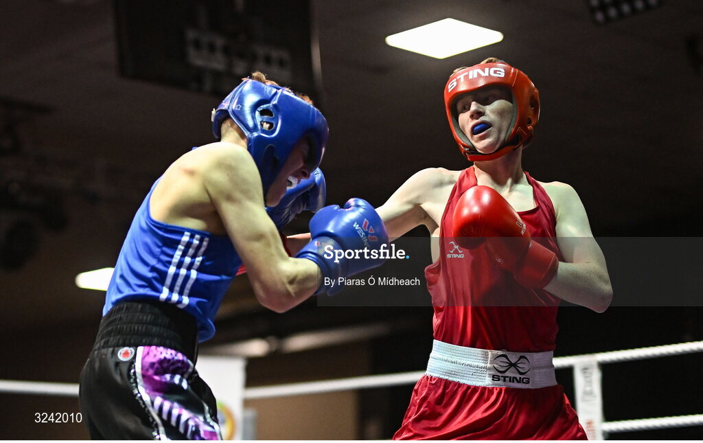 19 September 2025; Sean Kelly of St Abbans/Kilmyshall BC Wexford, right, in action against Alex Pepper of Baldoyle BC Dublin during their 52kg bout at the 2025 IABA National U17 Championship Finals at the National Boxing Stadium in Dublin. Photo by Piaras Ó Mídheach/Sportsfile