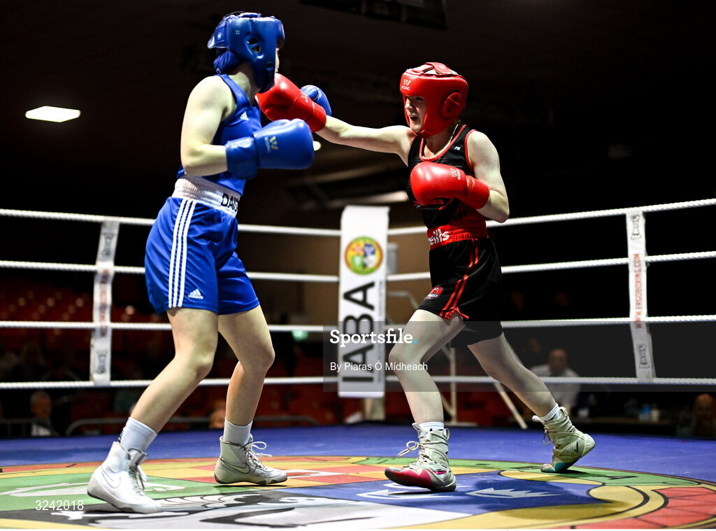 19 September 2025; Paige Nickels of Banbridge ABC Antrim in action against Daisy Kiernan of Dealgan ABC Louth during their 54kg bout at the 2025 IABA National U17 Championship Finals at the National Boxing Stadium in Dublin. Photo by Piaras Ó Mídheach/Sportsfile