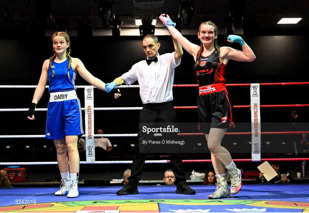 19 September 2025; Paige Nickels of Banbridge ABC Antrim, right, celebrates after defeating Daisy Kiernan of Dealgan ABC Louth during their 54kg at the 2025 IABA National U17 Championship Finals at the National Boxing Stadium in Dublin. Photo by Piaras Ó Mídheach/Sportsfile
