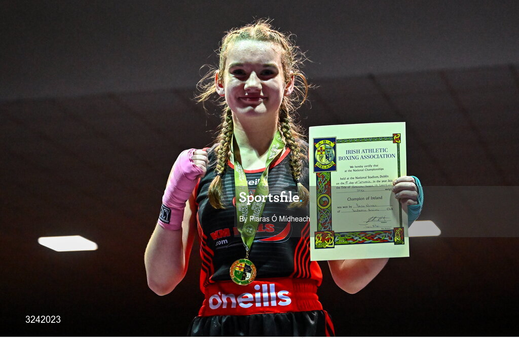 19 September 2025; Paige Nickels of Banbridge ABC Antrim celebrates after defeating Daisy Kiernan of Dealgan ABC Louth during their 54kg at the 2025 IABA National U17 Championship Finals at the National Boxing Stadium in Dublin. Photo by Piaras Ó Mídheach/Sportsfile