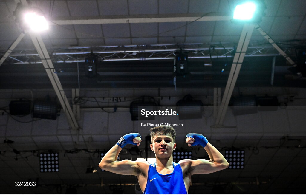 19 September 2025; Michael McDonagh of Avona BC Dublin celebrates after defeating Conan McSorley of Two Castles ABC Tyrone during their 54kg bout at the 2025 IABA National U17 Championship Finals at the National Boxing Stadium in Dublin. Photo by Piaras Ó Mídheach/Sportsfile