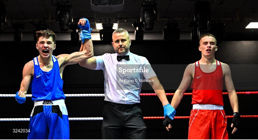 19 September 2025; Michael McDonagh of Avona BC Dublin, left, celebrates after defeating Conan McSorley of Two Castles ABC Tyrone during their 54kg bout at the 2025 IABA National U17 Championship Finals at the National Boxing Stadium in Dublin. Photo by Piaras Ó Mídheach/Sportsfile