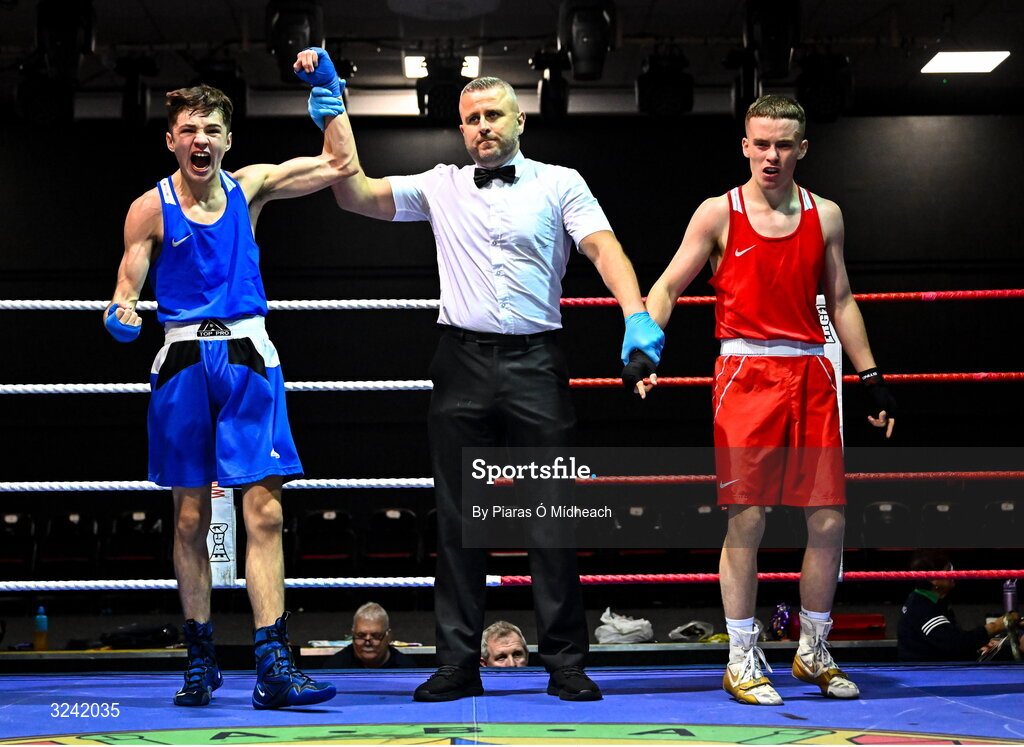 19 September 2025; Michael McDonagh of Avona BC Dublin, left, celebrates after defeating Conan McSorley of Two Castles ABC Tyrone during their 54kg bout at the 2025 IABA National U17 Championship Finals at the National Boxing Stadium in Dublin. Photo by Piaras Ó Mídheach/Sportsfile