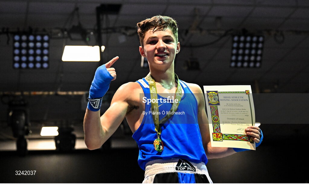 19 September 2025; Michael McDonagh of Avona BC Dublin celebrates after defeating Conan McSorley of Two Castles ABC Tyrone during their 54kg bout at the 2025 IABA National U17 Championship Finals at the National Boxing Stadium in Dublin. Photo by Piaras Ó Mídheach/Sportsfile