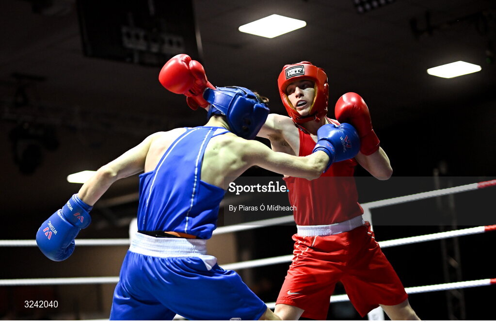 19 September 2025; Conan McSorley of Two Castles ABC Tyrone, right, in action against Michael McDonagh of Avona BC Dublin during their 54kg bout at the 2025 IABA National U17 Championship Finals at the National Boxing Stadium in Dublin. Photo by Piaras Ó Mídheach/Sportsfile